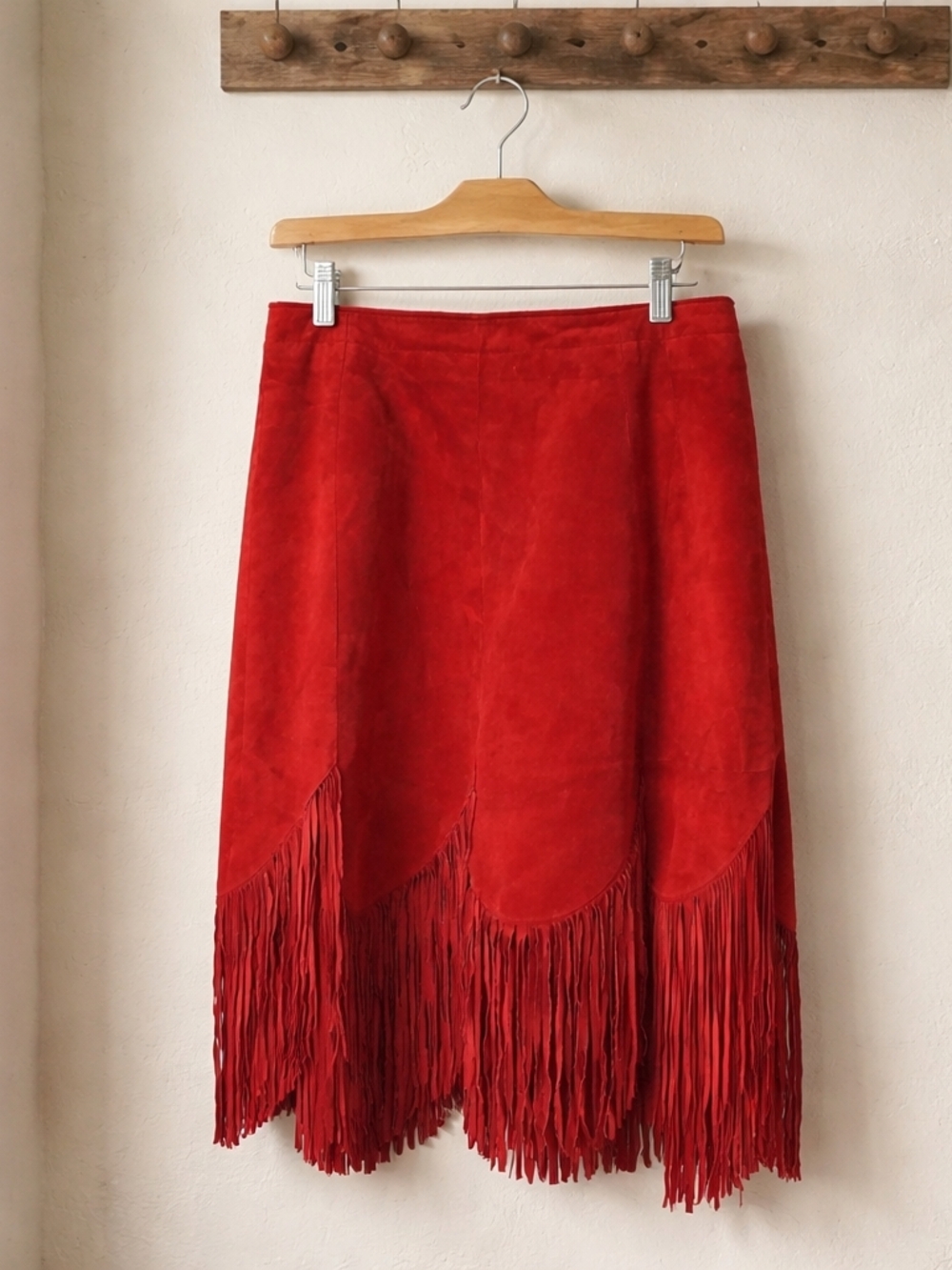 High-Low Red Suede Fringe Skirt - Women